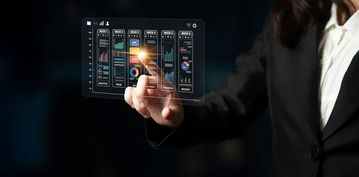 A weekly business performance report and analytics dashboard. A concept for tracking trends, KPIs, financial data, and insights over time. Motif