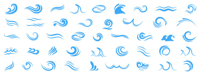 Ocean waves icons in blue style. Dynamic motion shapes for sea related themes. Perfect for summer and surfing content
