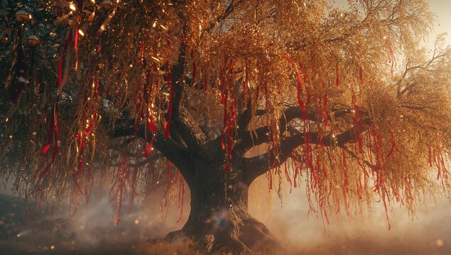 Swirling mist enveloping ancient tree with golden leaves over dry grass clearing, with red ribbons - Powered by Adobe