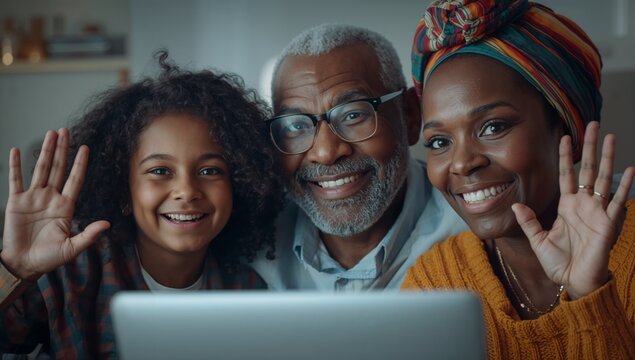 Waving grandfather mother and daughter trio using laptop in living room, with blurred bookshelf - Powered by Adobe