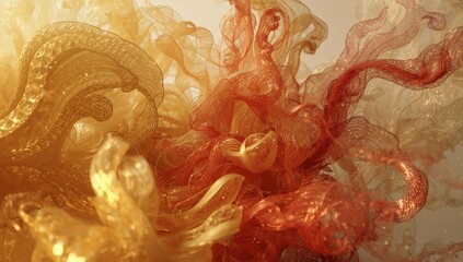 Twisting translucent mesh filaments creating loops in digital space, with golden highlights