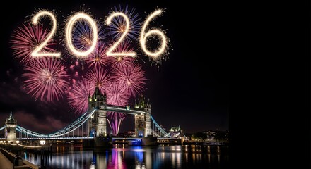 Spectacular New Year 2026 celebration over London Tower Bridge with dazzling fireworks lighting up the night sky, symbolizing new beginnings, joy, and global festive spirit.