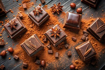 Delicious dark chocolate pieces with star anise on a wooden table