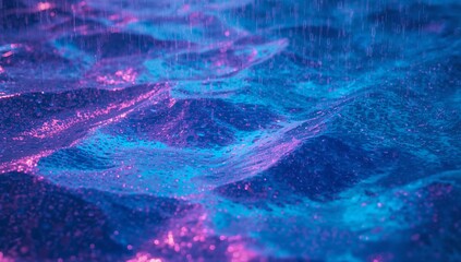 Undulating neon-lit water surface reflecting binary code in seascape, with pink-blue gradients