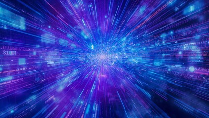 Streaming data vortex forming cyberspace tunnel, displaying glowing code fragments binary digits
