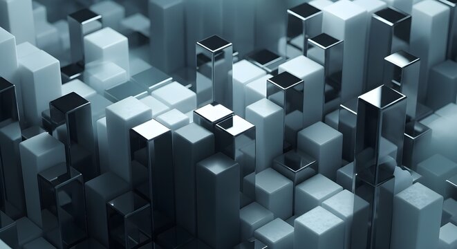 Futuristic 3D abstract cityscape made of glass and metallic cubes, geometric structure background with reflections and depth, modern technology concept, digital architecture design, high resolution