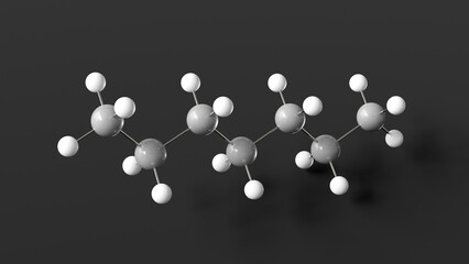 heptane molecule 3d, molecular structure, ball and stick model, structural chemical formula non-polar solvent