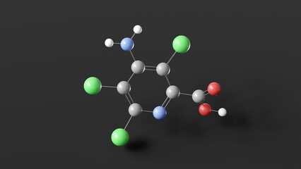 picloram molecule 3d, molecular structure, ball and stick model, structural chemical formula herbicide