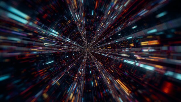 Streaming colorful streaks racing through digital corridor with glowing blocks and pixel fragments