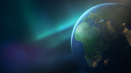 continent. Vibrant Earth globe floating in space, showcasing continents with atmospheric lighting. ESG reports, sustainability campaigns, designed for environmental awareness campaigns.