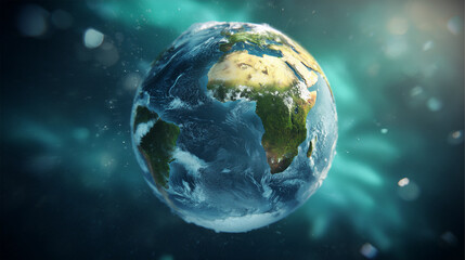 continent. Vibrant Earth globe floating in space, showcasing continents with atmospheric lighting. ESG reports, sustainability campaigns, designed for environmental awareness campaigns.