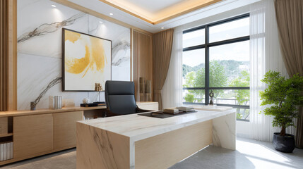 Fototapeta premium Elegant Executive Office Interior with Marble Textures and Soft Lighting in Modern Design Featuring Artistic Decor and Natural Views
