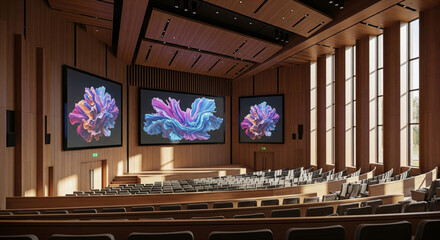 Modern university lecture hall with large screens