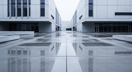 Fototapeta premium Minimalist concrete buildings with rainy reflections