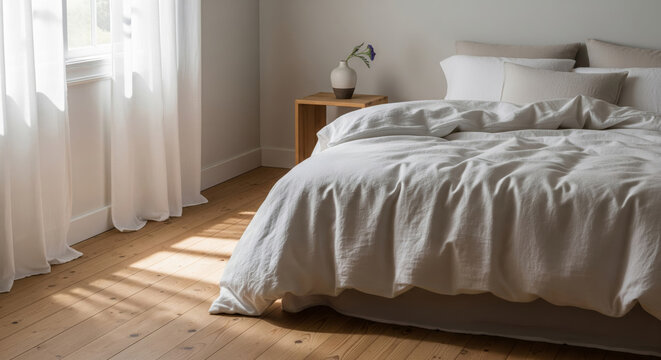 Minimalist cozy bedroom with soft natural light