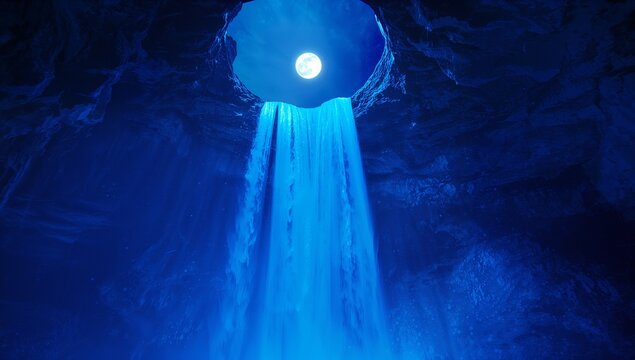 Waterfall cascading through circular cave skylight into cavern, with full moon lighting rocky walls
