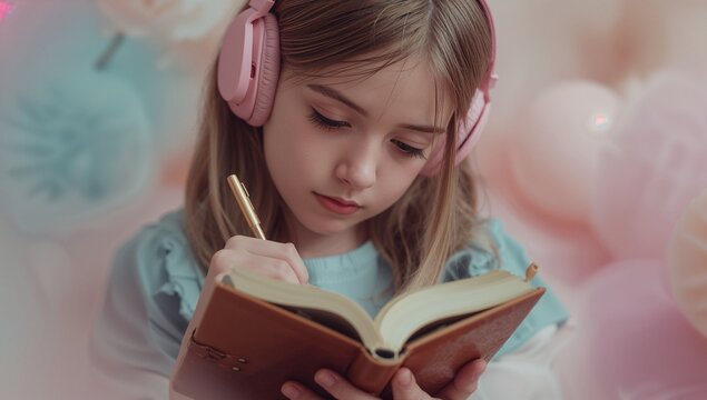 Writing girl holding leather notebook at desk, with pink headphones, pastel lanterns and gold pen - Powered by Adobe
