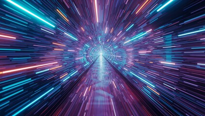 Obraz premium Streaming neon light bars racing through tunnel structure at interior, reflecting on mirrored floor