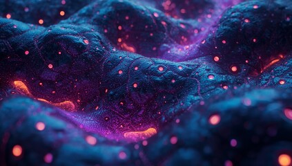 Undulating textured surface revealing glowing neon nodes in digital alien landscape, vibrant hues