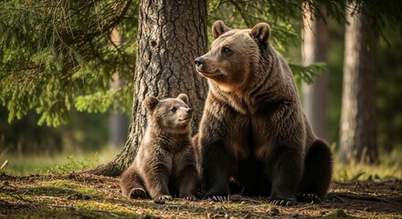 Fototapeta premium Mother bear and cub sitting together in a forest