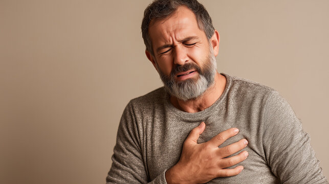 A middle-aged man is shown clutching his chest with a pained and anxious expression, suggesting heart pain, tension, or panic. 