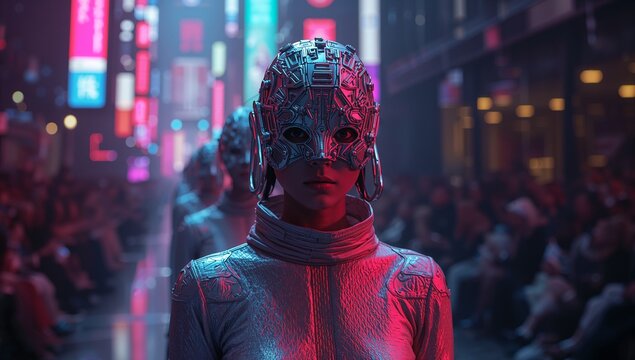 Walking Asian model wearing metallic mask and suit on urban runway with neon signage and spectators