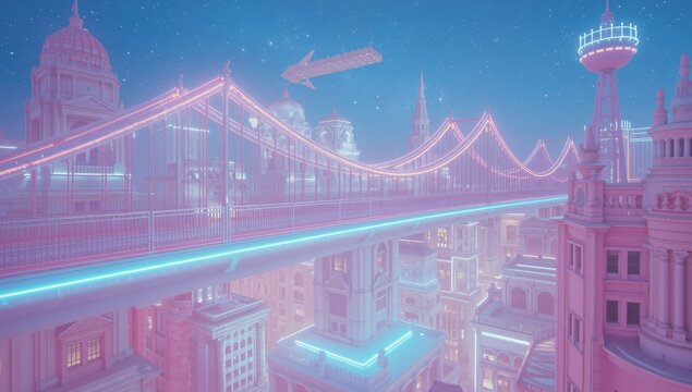 Suspension bridge with glowing cables spanning city at night, with neon domed towers and starry sky - Powered by Adobe