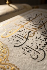 Closeup of an open quran with intricate arabic calligraphy and gold accents