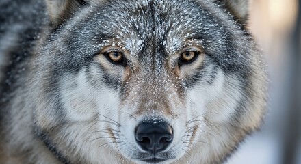 Fototapeta premium Intense close up portrait of a gray wolf in snowy winter forest