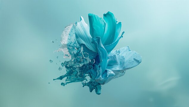 Swirling turquoise paint merging with droplets and liquid splashes on studio teal gradient backdrop