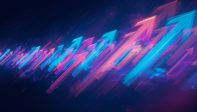 Streaking blue and pink neon arrow shapes upward rightward in dark gradient space, with blur trails