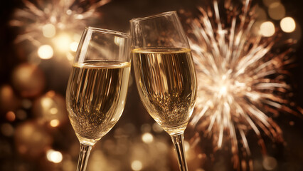 New Year Eve Celebration with Champagne and Fireworks