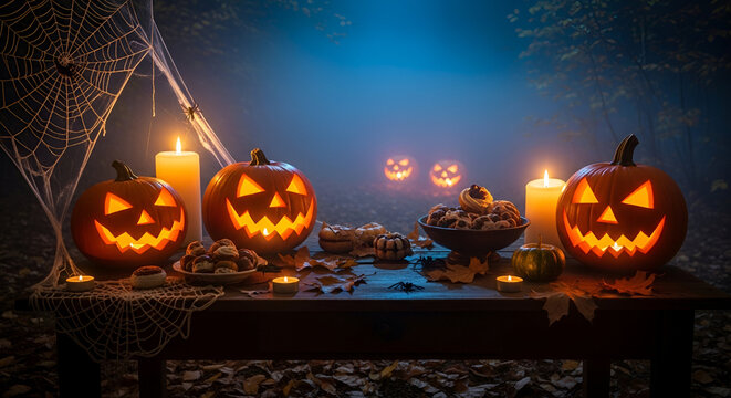 Spooky Halloween table with glowing jack-o'-lanterns, candles, cobwebs, and festive treats in a misty forest night atmosphere. - Powered by Adobe