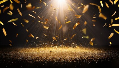 golden confetti falling through spotlight beams on dark background