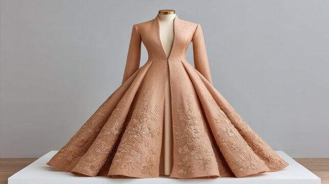 Elegant long-sleeved golden ethnic gown with intricate sequin embellishments and a voluminous flared skirt displayed on a mannequin against a neutral gray background with subtle lighting