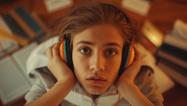 Studying hoodie-clad student holding rainbow headphones at study desk with textbooks and notebooks