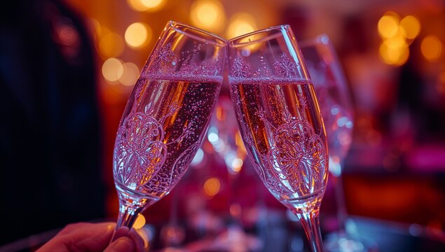 Two ornate champagne flutes clinking inside bar lounge, with rising bubbles and warm bokeh