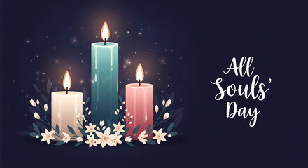 Gentle glowing candles and delicate flowers evoke peace and remembrance for All Souls' Day, creating a serene atmosphere for reflection and solemn occasions.