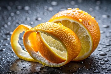 Fresh orange with peel and water droplets on a dark textured background