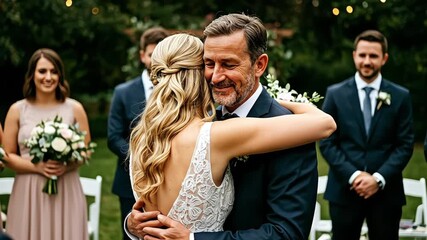A radiant bride shares an emotional hug with her father during an outdoor wedding ceremony.