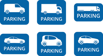 Parking sign. Blue square Car parking icon with white letter P, car parking area sign. Car, bus, trolleybus, truck, bike, motorbike, scooter parking icon.