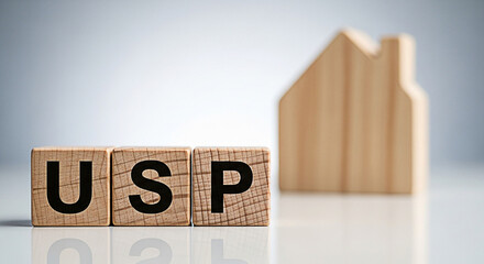 Wooden blocks spelling usp with a wooden house shape in the background representing unique selling proposition in real estate marketing