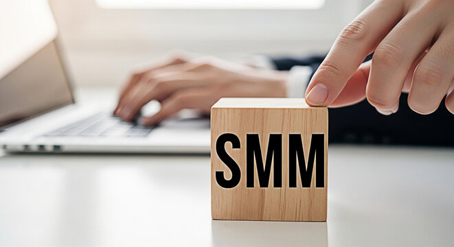 Wooden block displaying smm in front of a person using a laptop illustrating social media marketing strategies for business growth online