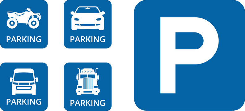 Parking sign. Blue square Car parking icon with white letter P, car parking area sign. Car, bus, trolleybus, truck, bike, motorbike, scooter parking icon.