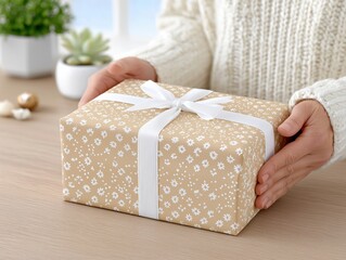 Gift box wrapped in floral patterned paper, held by hands, with cozy knitted sweater in the background, creating a warm and inviting atmosphere for special occasions
