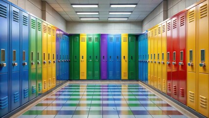 Colorful school lockers in a bright hallway setting
