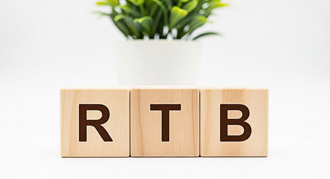 Wooden blocks spelling rtb with a plant in the background create a simple and clean design ideal for business or educational materials