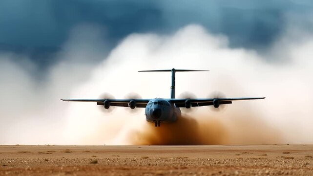 Military transport aircraft landing on a dusty desert runway, engines stirring up clouds of sand, showcasing power