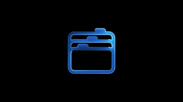Blue neon glow icon of a file folder or organizer on a black background files documents