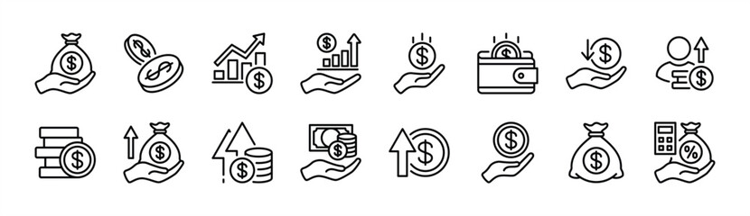 Financial income thin line icon set. Money, earnings, savings, dollar currency, wallet, budget, growth up arrow, wages, billfold, wealth, calculate tax, salary, profit, coin - vector illustration